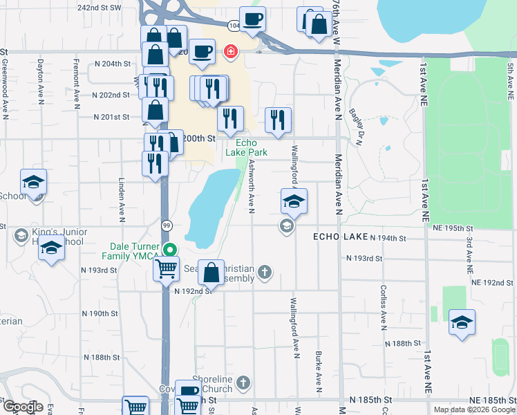 map of restaurants, bars, coffee shops, grocery stores, and more near 1610 North 197th Place in Shoreline
