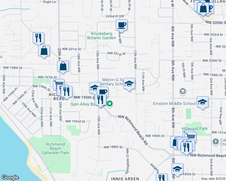 map of restaurants, bars, coffee shops, grocery stores, and more near 19608 14th Avenue Northwest in Shoreline