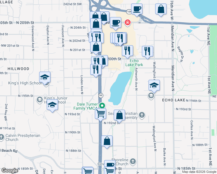 map of restaurants, bars, coffee shops, grocery stores, and more near 19524 Echo Lake Place North in Shoreline