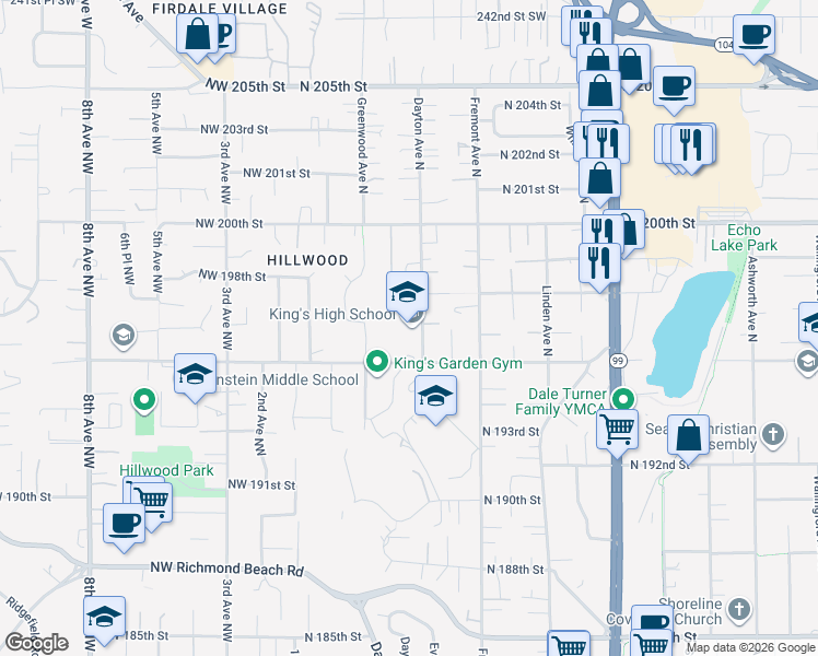 map of restaurants, bars, coffee shops, grocery stores, and more near 19531 Dayton Avenue North in Shoreline