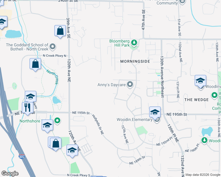 map of restaurants, bars, coffee shops, grocery stores, and more near 12519 Northeast 199th Street in Bothell