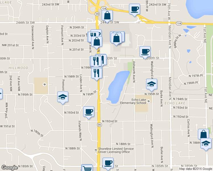 map of restaurants, bars, coffee shops, grocery stores, and more near 19542 Echo Lake Place North in Shoreline