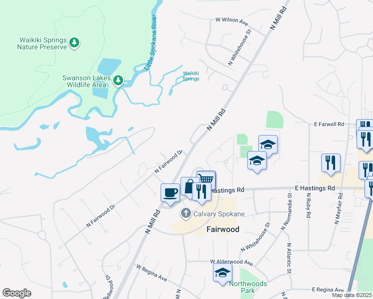map of restaurants, bars, coffee shops, grocery stores, and more near 12523 North Fairwood Drive in Spokane