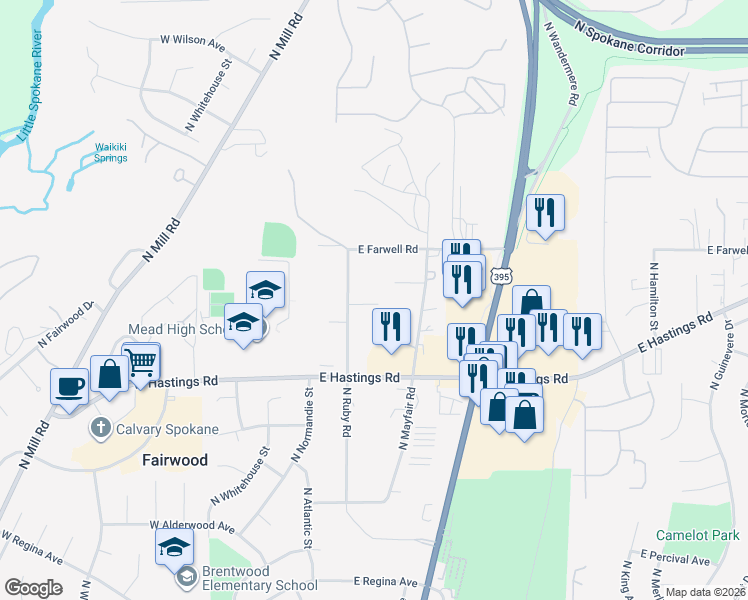 map of restaurants, bars, coffee shops, grocery stores, and more near 12704 North Ruby Road in Spokane
