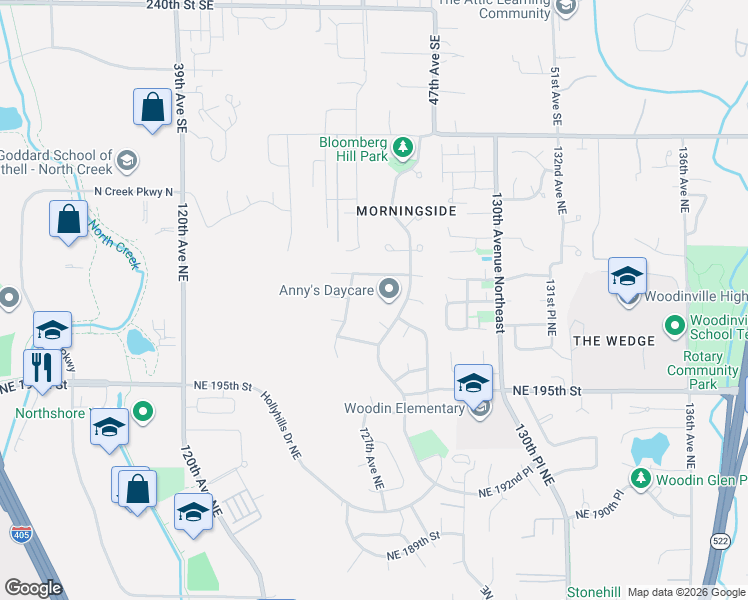 map of restaurants, bars, coffee shops, grocery stores, and more near 12623 Northeast 199th Street in Bothell