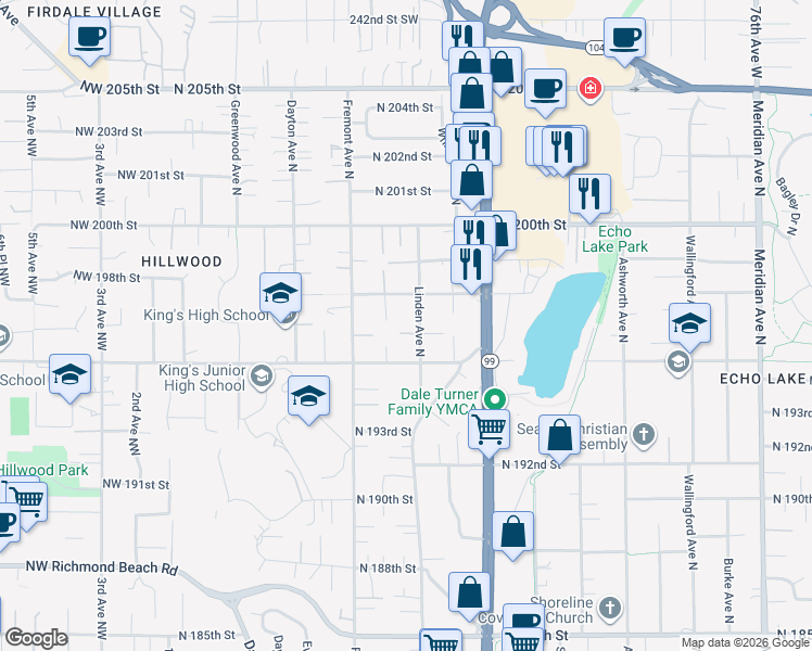 map of restaurants, bars, coffee shops, grocery stores, and more near 19709 Linden Avenue North in Shoreline