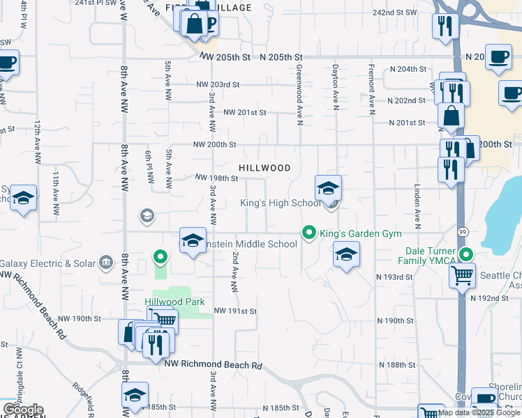 map of restaurants, bars, coffee shops, grocery stores, and more near 19551 1st Avenue Northwest in Shoreline