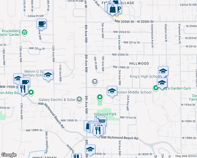 map of restaurants, bars, coffee shops, grocery stores, and more near 505 Northwest 197th Street in Shoreline