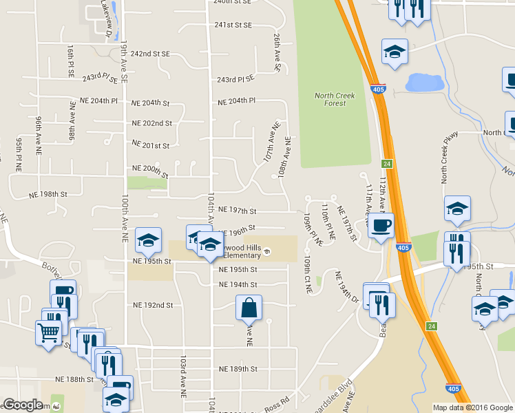 map of restaurants, bars, coffee shops, grocery stores, and more near 10604 Northeast 197th Street in Bothell
