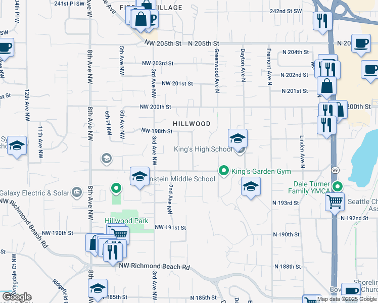 map of restaurants, bars, coffee shops, grocery stores, and more near 19551 1st Avenue Northwest in Shoreline
