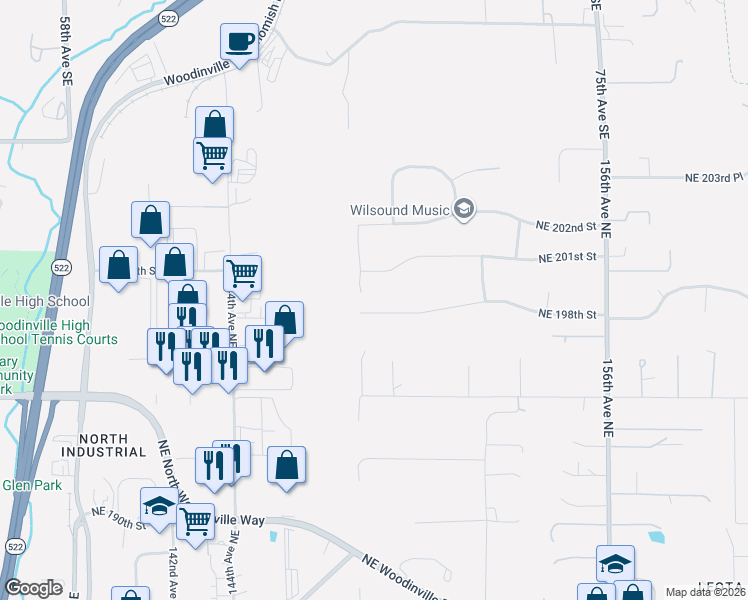 map of restaurants, bars, coffee shops, grocery stores, and more near 14807 Northeast 201st Street in Woodinville