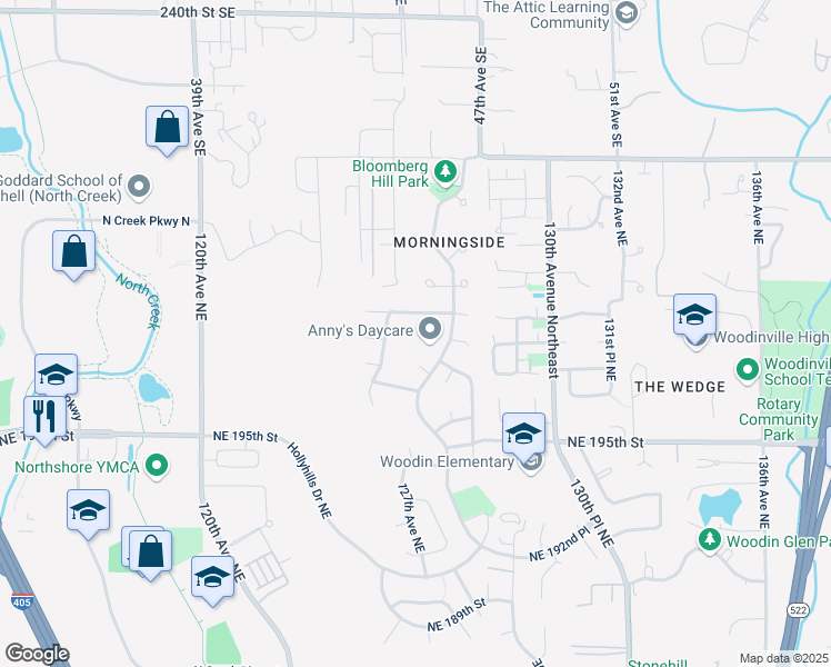 map of restaurants, bars, coffee shops, grocery stores, and more near 12623 Northeast 199th Street in Bothell