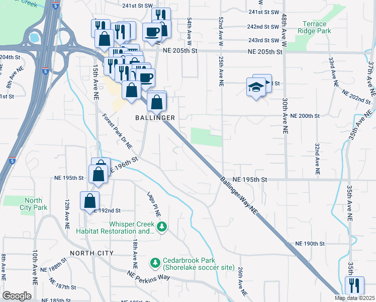 map of restaurants, bars, coffee shops, grocery stores, and more near 19576 23rd Avenue Northeast in Shoreline