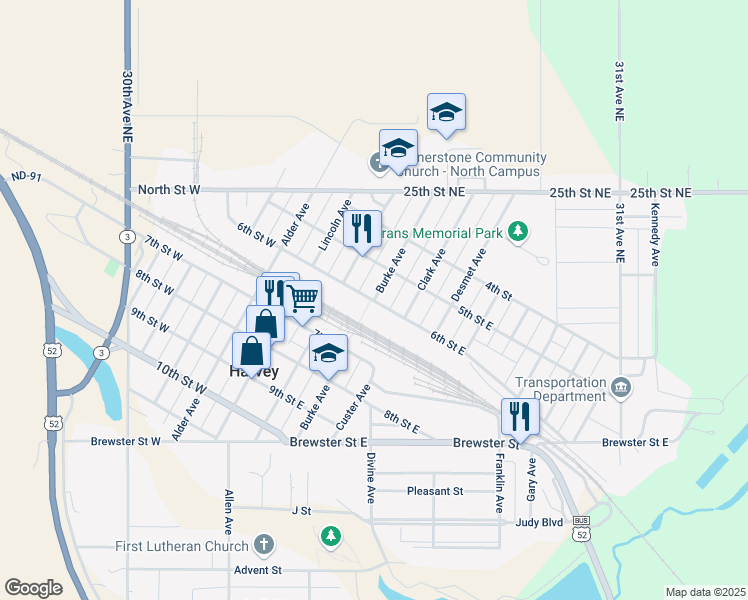 map of restaurants, bars, coffee shops, grocery stores, and more near 599 Burke Ave in Harvey