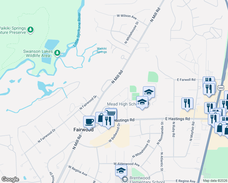 map of restaurants, bars, coffee shops, grocery stores, and more near 12710 North Mill Road in Spokane