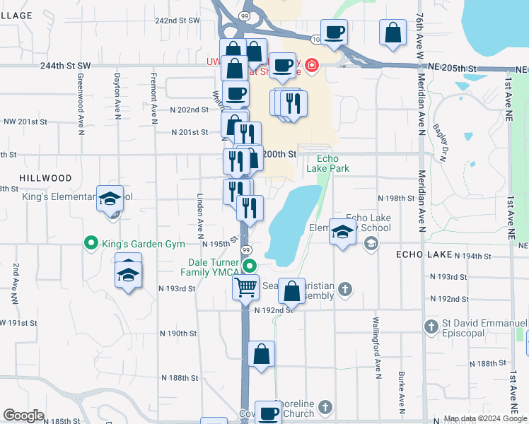 map of restaurants, bars, coffee shops, grocery stores, and more near 19542 Echo Lake Place North in Shoreline