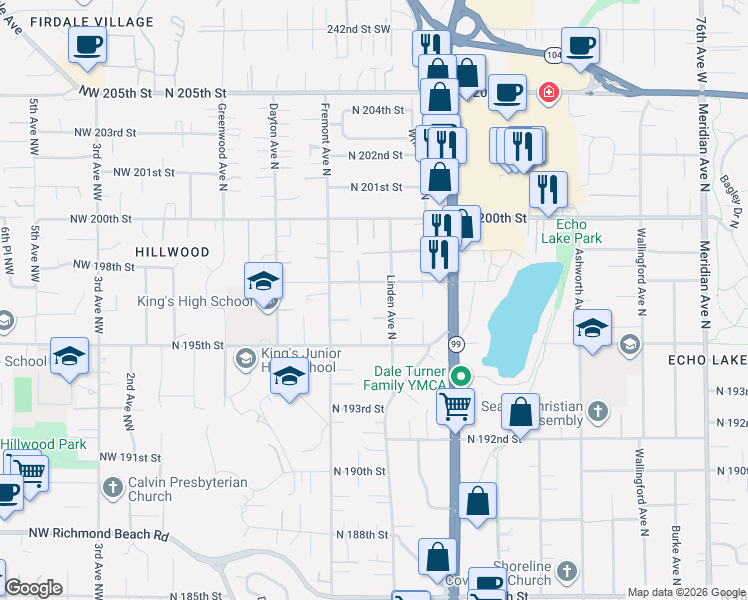 map of restaurants, bars, coffee shops, grocery stores, and more near 19709 Linden Avenue North in Shoreline