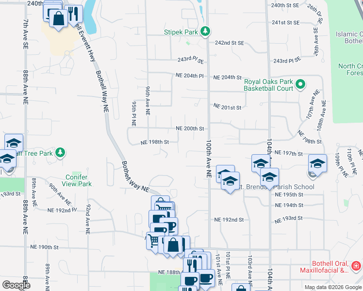map of restaurants, bars, coffee shops, grocery stores, and more near 9806 Northeast 197th Street in Bothell