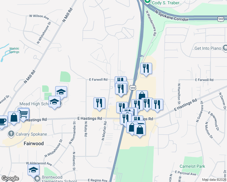 map of restaurants, bars, coffee shops, grocery stores, and more near 12706 North Mayfair Road in Spokane