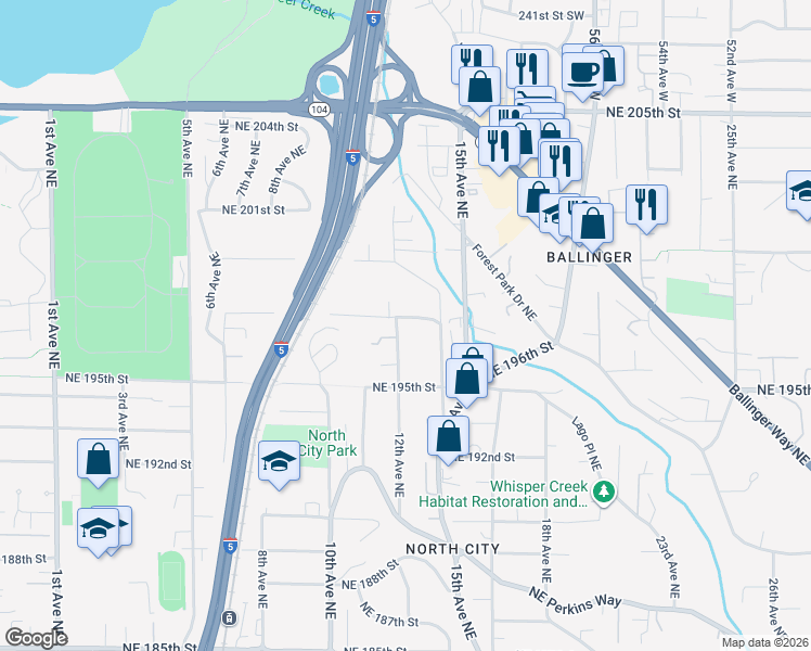 map of restaurants, bars, coffee shops, grocery stores, and more near 19714 12th Avenue Northeast in Shoreline