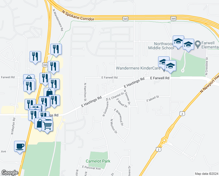 map of restaurants, bars, coffee shops, grocery stores, and more near 1109 East Hastings Road in Spokane