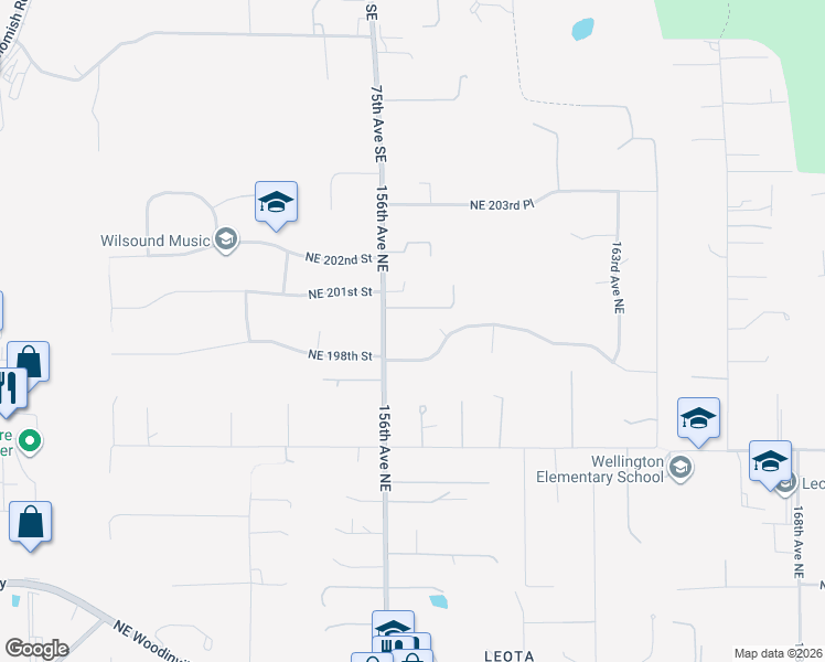 map of restaurants, bars, coffee shops, grocery stores, and more near 19738 156th Avenue Northeast in Woodinville