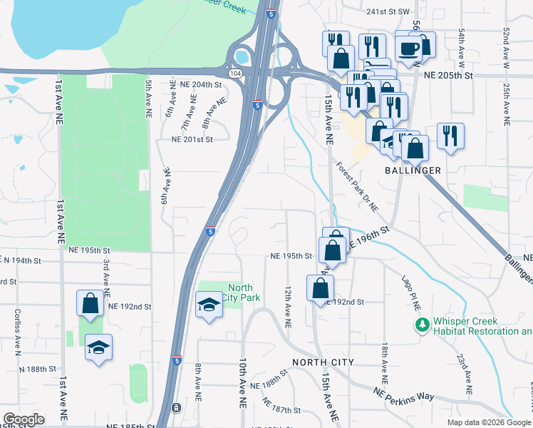 map of restaurants, bars, coffee shops, grocery stores, and more near 1113 Northeast 198th Street in Shoreline