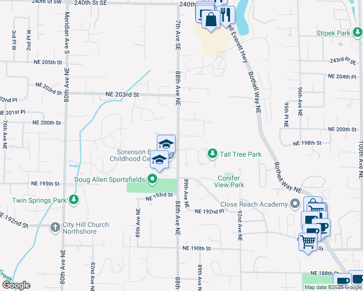 map of restaurants, bars, coffee shops, grocery stores, and more near 8804 Northeast 198th Street in Bothell