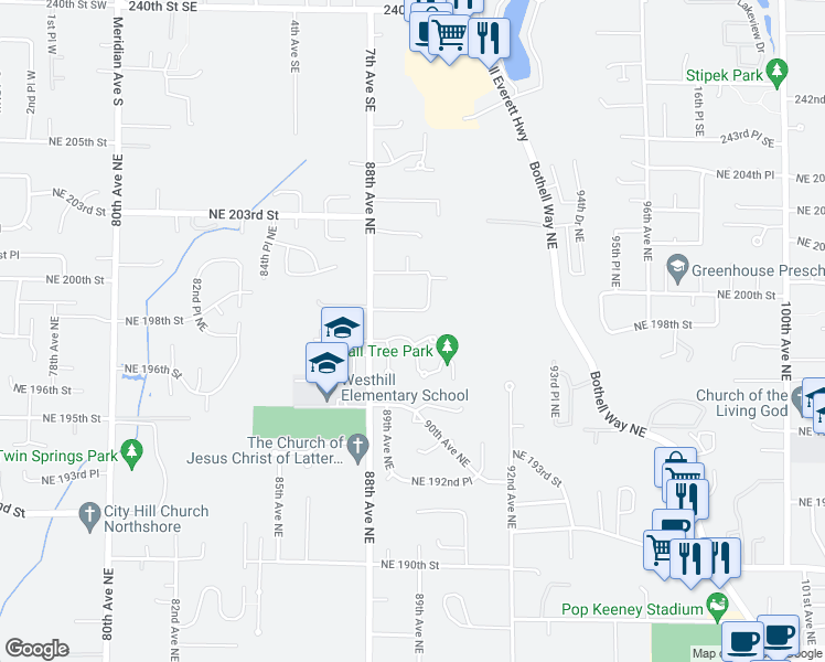 map of restaurants, bars, coffee shops, grocery stores, and more near 8830 Northeast 198th Street in Bothell