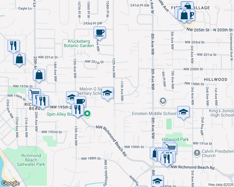 map of restaurants, bars, coffee shops, grocery stores, and more near 19706 12th Avenue Northwest in Shoreline