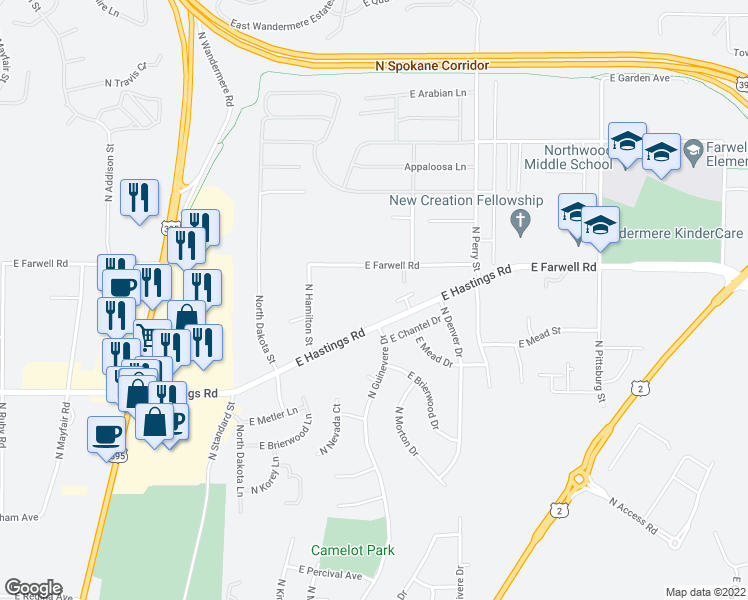 map of restaurants, bars, coffee shops, grocery stores, and more near 903 East Hastings Road in Spokane