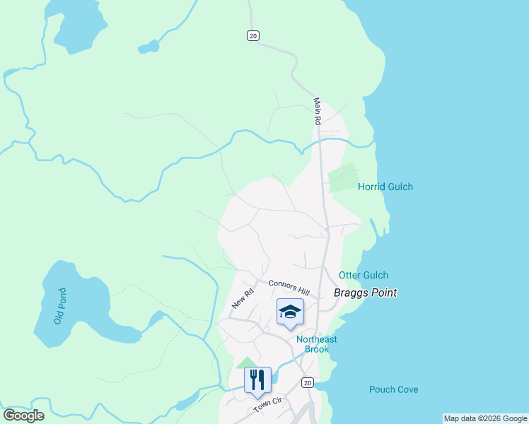 map of restaurants, bars, coffee shops, grocery stores, and more near 43 Mundys Road in Pouch Cove