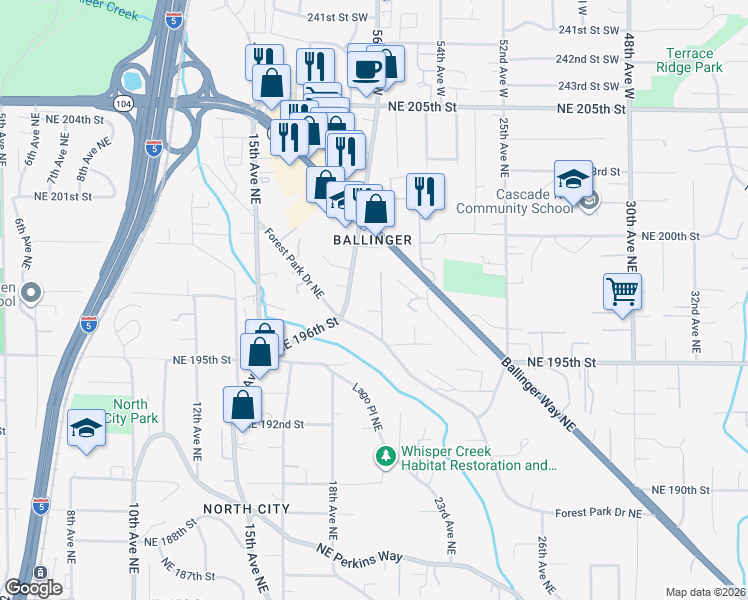 map of restaurants, bars, coffee shops, grocery stores, and more near 19633 20th Avenue Northeast in Shoreline