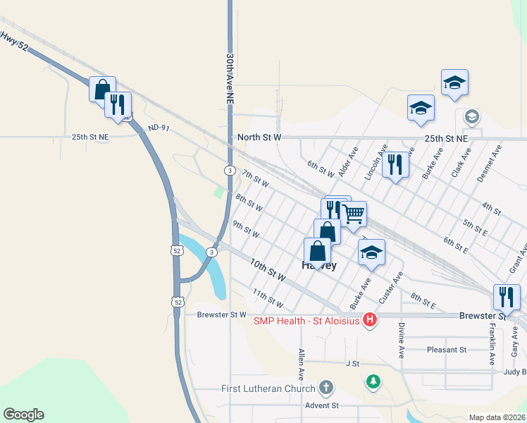 map of restaurants, bars, coffee shops, grocery stores, and more near 401 8th Street West in Harvey