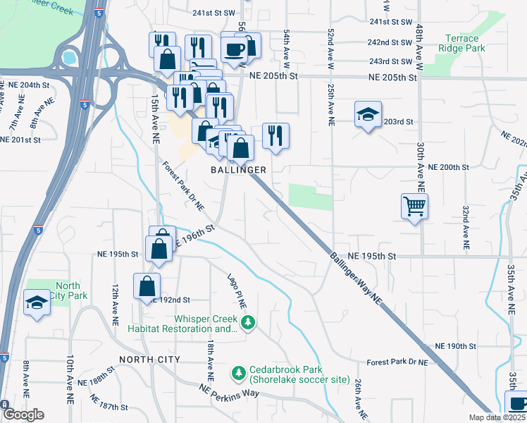 map of restaurants, bars, coffee shops, grocery stores, and more near 2233 NE 197th Pl in Shoreline