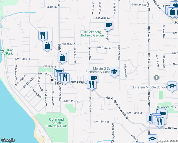 map of restaurants, bars, coffee shops, grocery stores, and more near 19557 15th Avenue Northwest in Shoreline