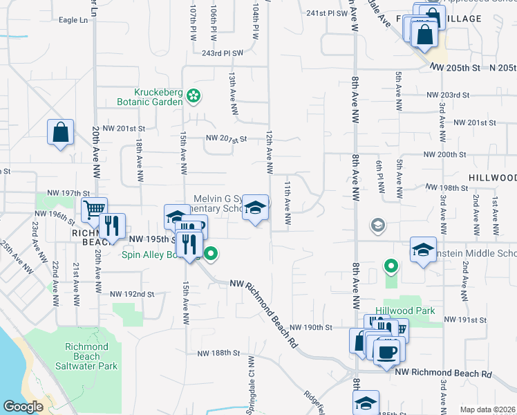 map of restaurants, bars, coffee shops, grocery stores, and more near 19545 12th Avenue Northwest in Shoreline