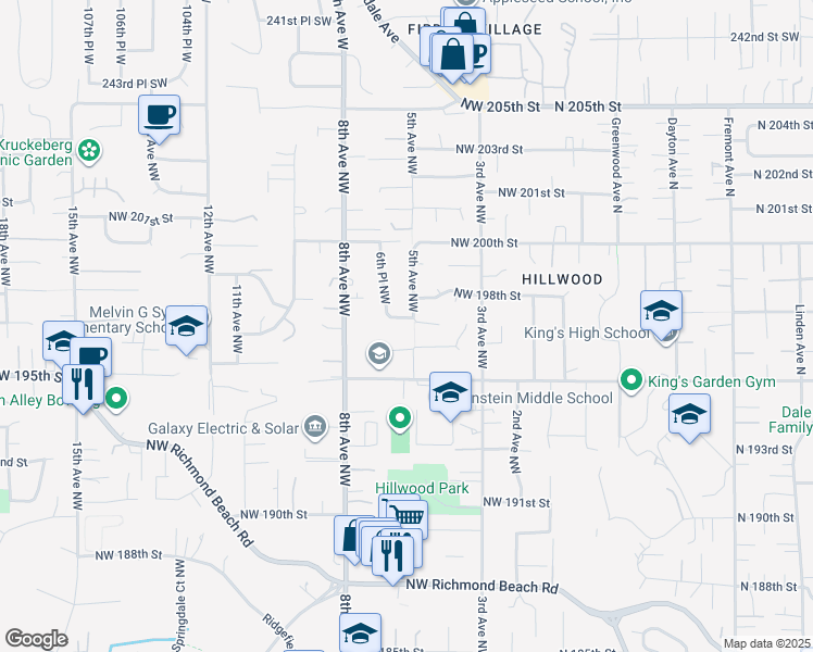map of restaurants, bars, coffee shops, grocery stores, and more near 505 Northwest 197th Street in Shoreline