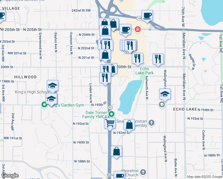 map of restaurants, bars, coffee shops, grocery stores, and more near 19550 Aurora Avenue North in Shoreline