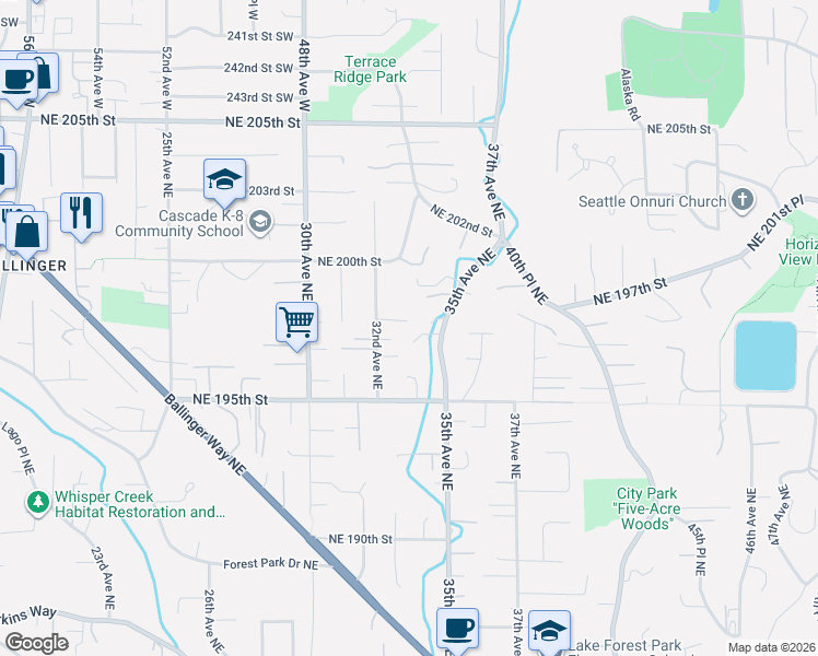map of restaurants, bars, coffee shops, grocery stores, and more near 3227 Northeast 198th Place in Lake Forest Park