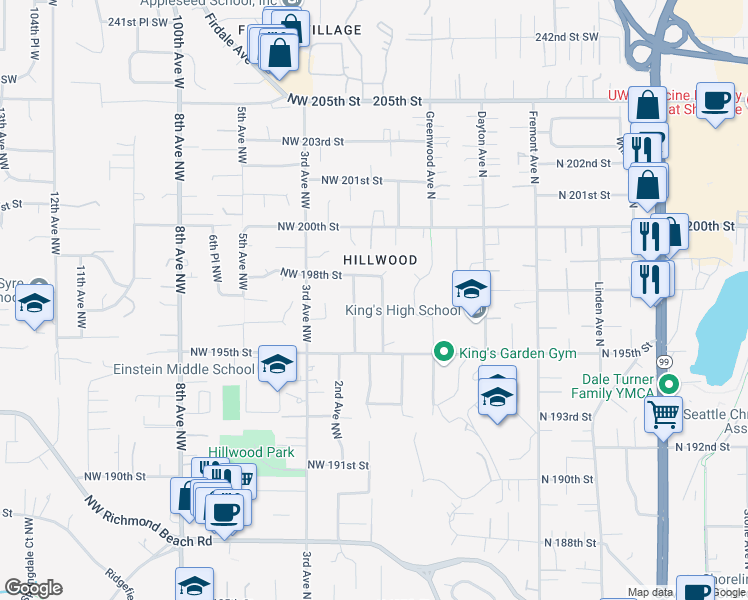 map of restaurants, bars, coffee shops, grocery stores, and more near 19551 1st Avenue Northwest in Shoreline