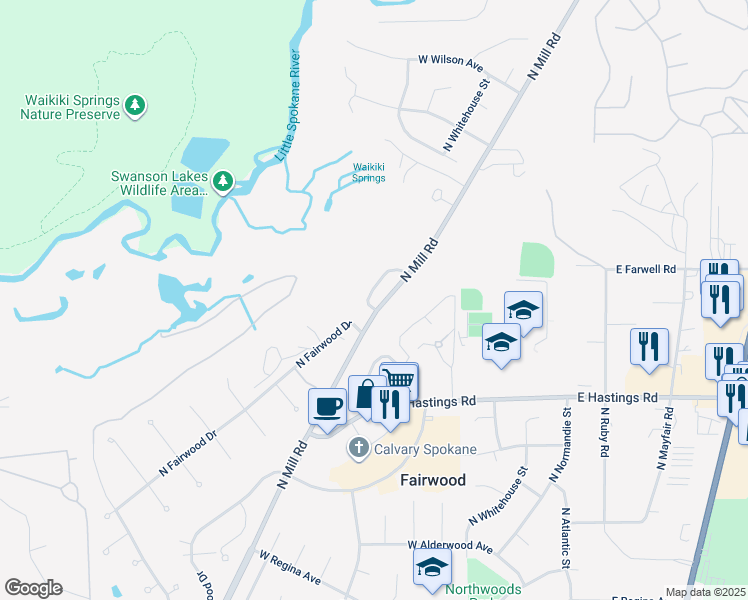 map of restaurants, bars, coffee shops, grocery stores, and more near 12610 North Fairwood Lane in Spokane