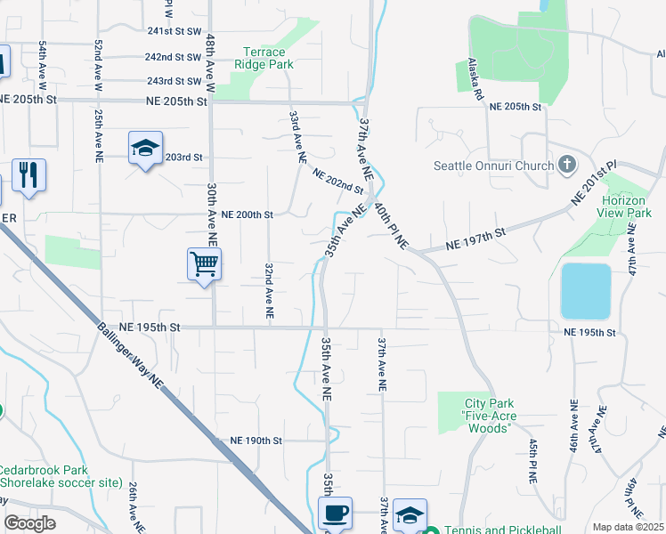 map of restaurants, bars, coffee shops, grocery stores, and more near 19708 35th Avenue Northeast in Lake Forest Park