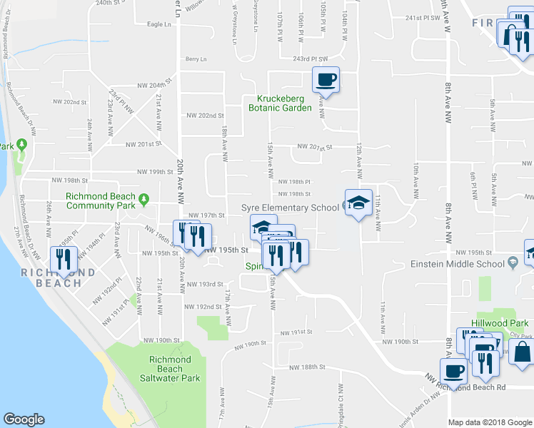map of restaurants, bars, coffee shops, grocery stores, and more near 19701 15th Avenue Northwest in Shoreline