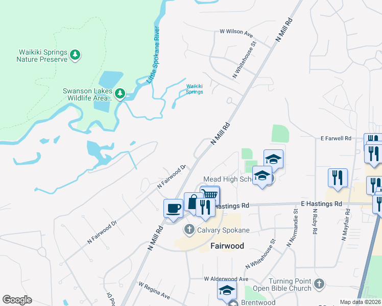 map of restaurants, bars, coffee shops, grocery stores, and more near 12610 North Fairwood Lane in Spokane