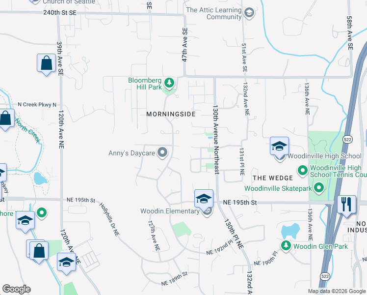 map of restaurants, bars, coffee shops, grocery stores, and more near 12863 Northeast 200th Place in Woodinville