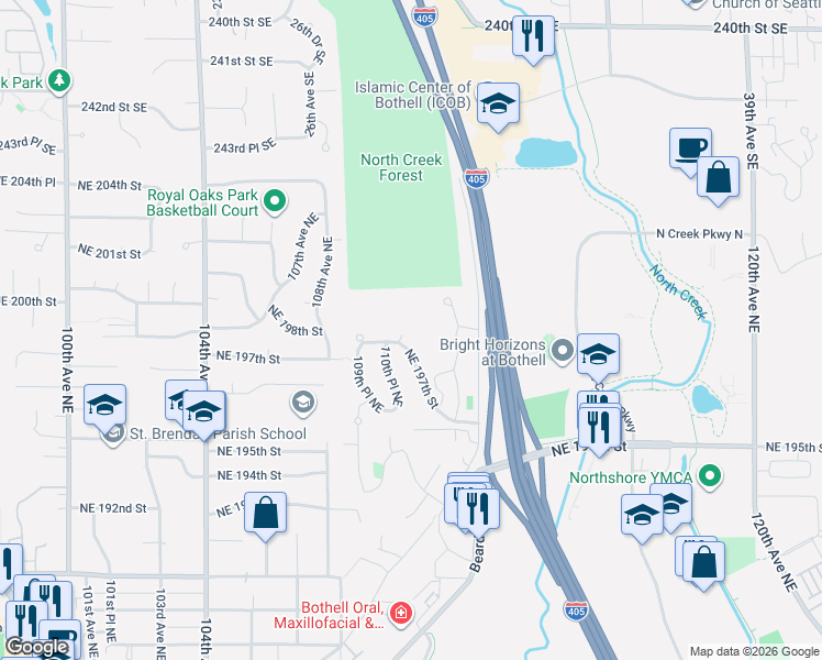 map of restaurants, bars, coffee shops, grocery stores, and more near 11022 Northeast 197th Street in Bothell