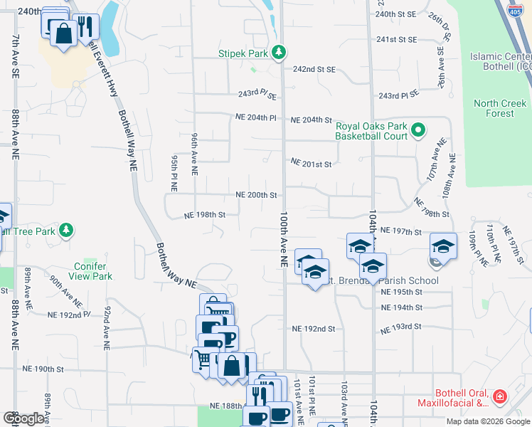 map of restaurants, bars, coffee shops, grocery stores, and more near 9901 Northeast 200th Street in Bothell