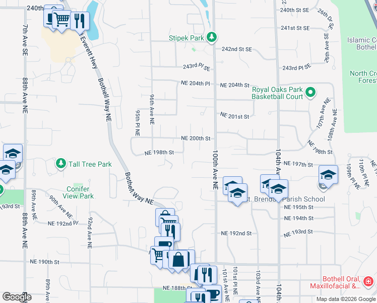 map of restaurants, bars, coffee shops, grocery stores, and more near 9806 Northeast 197th Street in Bothell