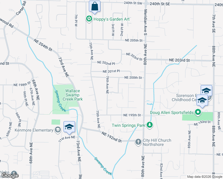 map of restaurants, bars, coffee shops, grocery stores, and more near 19806 76th Avenue Northeast in Kenmore